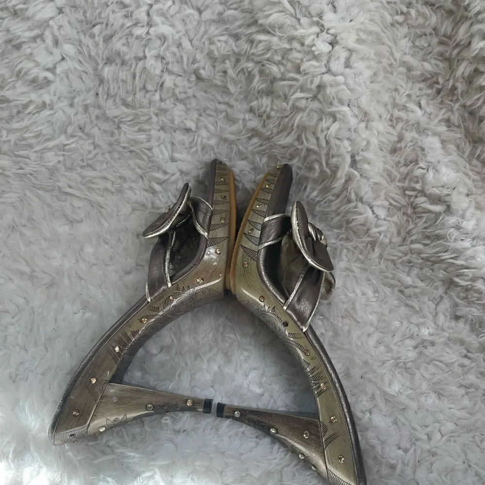 Tony Keuylian leather metallic Bronze and Gold slip on  heels sandals EUR SZ38